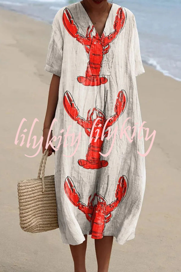 Unique Marine Print V-neck Short-sleeved Midi Dress