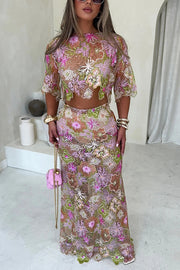 Fashionable Embroidered Flower Sequined Crop Top and Elegant Sheer Maxi Skirt Set