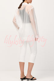 Simple and Light See-through Fabric Tie-up Long Sleeve Pocket Lapel Blazer