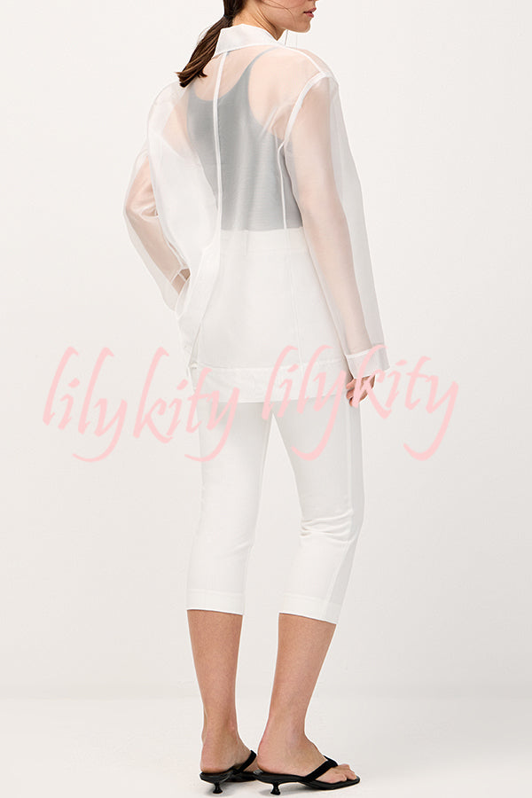 Simple and Light See-through Fabric Tie-up Long Sleeve Pocket Lapel Blazer