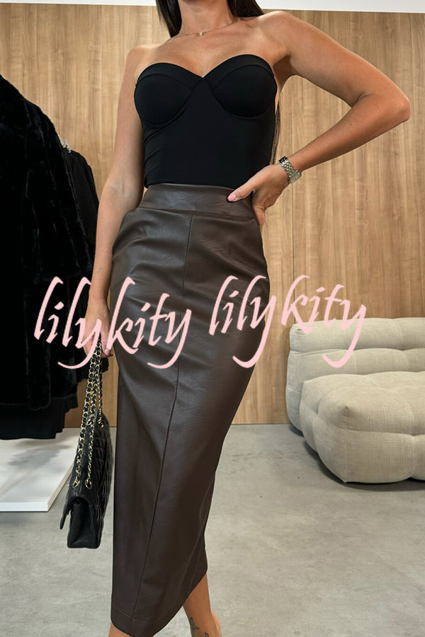 Lindsey Faux Leather High Rise Pocketed Slit Stretch Midi Skirt