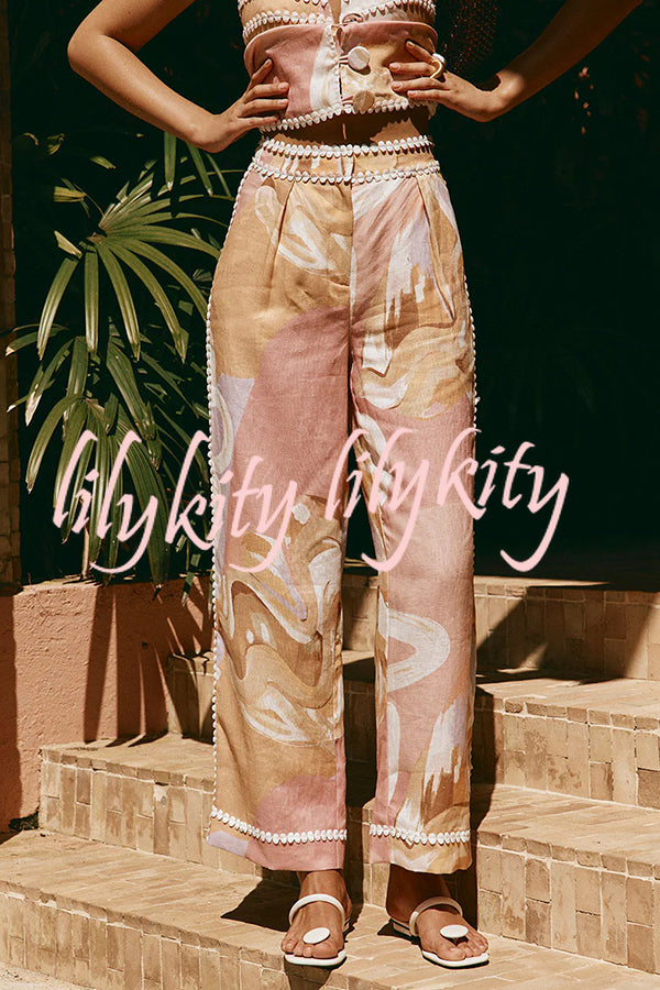 European Summer Linen Blend Ric Rac Trims High Rise Pocket Loose Pants