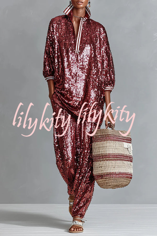 Holiday Honey Sequin Striped Trim Half Sleeve Loose Shirt and Elastic Waist Pocket Wide Leg Pants Set