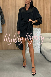 Solid Satin Long Sleeve Tie Waist Irregular Mini Dress