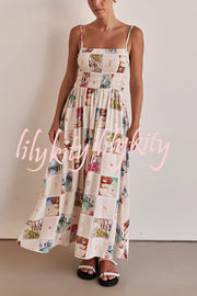 Unique Printed Sling Backless Elastic Pleated Maxi Dress