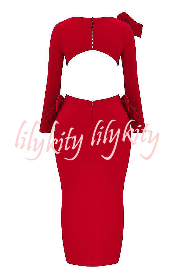 Lovely Bow Cutout Button Back Zipper Long Sleeve Maxi Dress