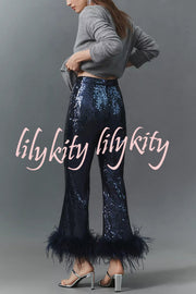 New Year Eve Sequin Feather Trim High Rise Back Zipper Flare Pants