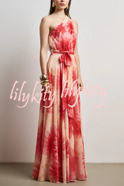 Floral Print One Shoulder Waist Tie Full Hem Resort Style Maxi Dress