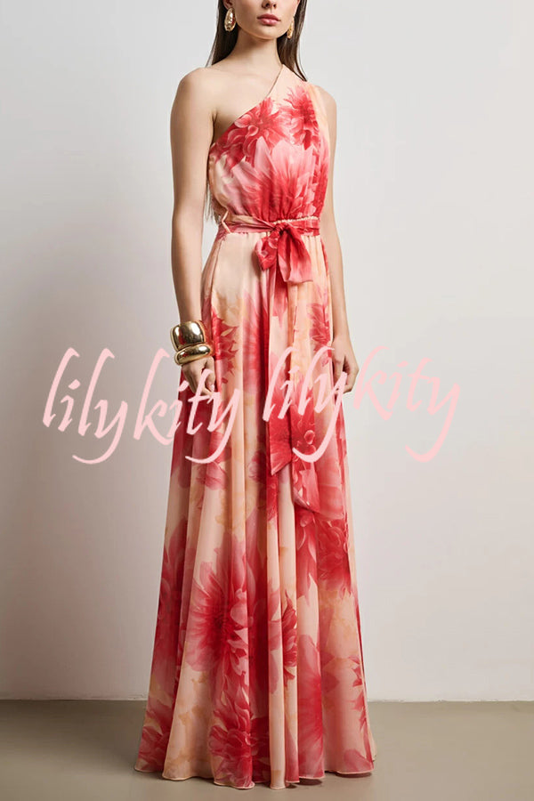Floral Print One Shoulder Waist Tie Full Hem Resort Style Maxi Dress