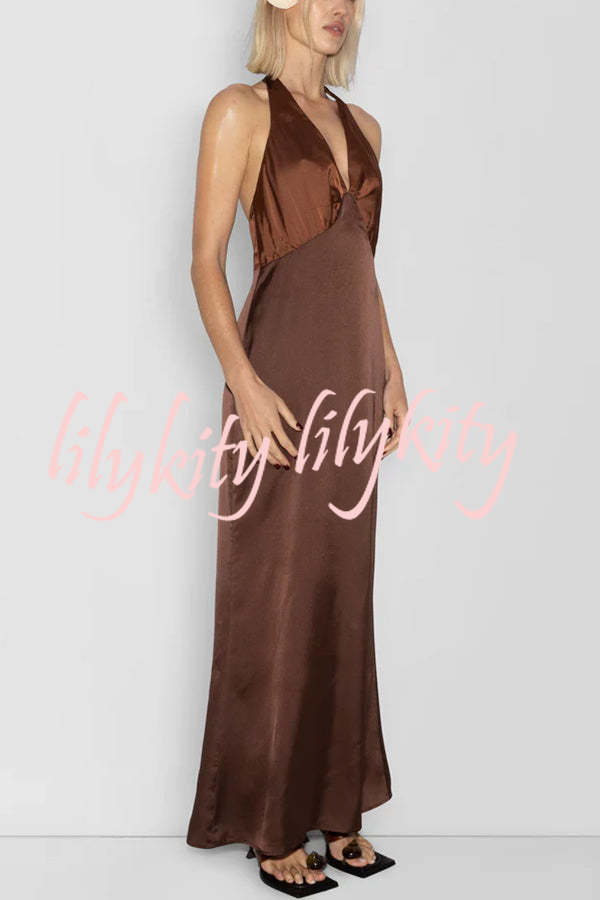 Like A Gem Satin Colorblock Halter Backless Party Maxi Dress