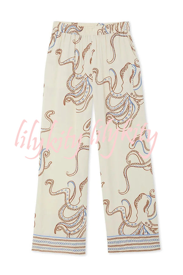 Calm Seas Line Octopus Unique Print Loose Shirt and Elastic Waist Pocketed Pajama Set