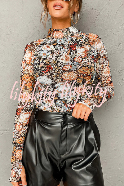 Floral Print Turtleneck Long Sleeve Stretch Bottoming Shirt