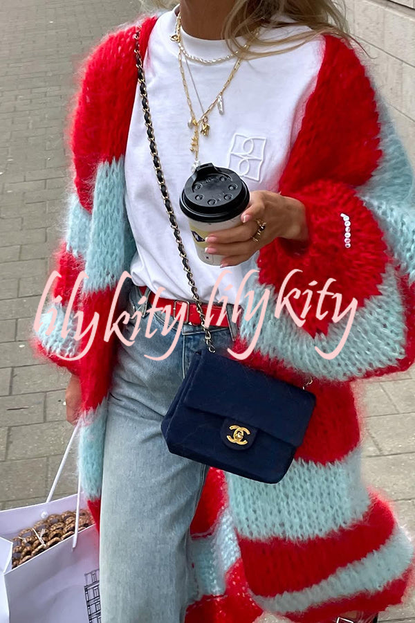 Fashionable Contrast Stripes Lazy Style Loose Long Knitted Cardigan