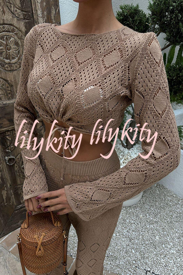 Solid Color Hollow Short Long-sleeved Top and Casual Stretch Wide-leg Pants Knitted Set