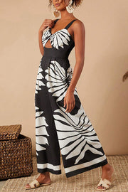 Unique Printed Open Back Pleated Casual Wide-leg Jumpsuit
