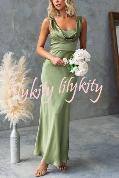 Chic Muse Satin Solid Color Cowl Neck Back Tie-up Maxi Dress