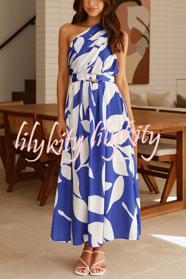 Unique Print Sleeveless One Shoulder Belted Maxi Dress