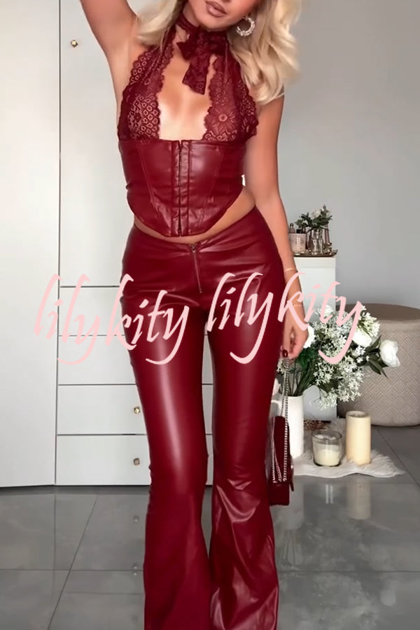Style Challenge Stretch Faux Leather Lace Halter Tank and Zipper Waist Flare Pants Set