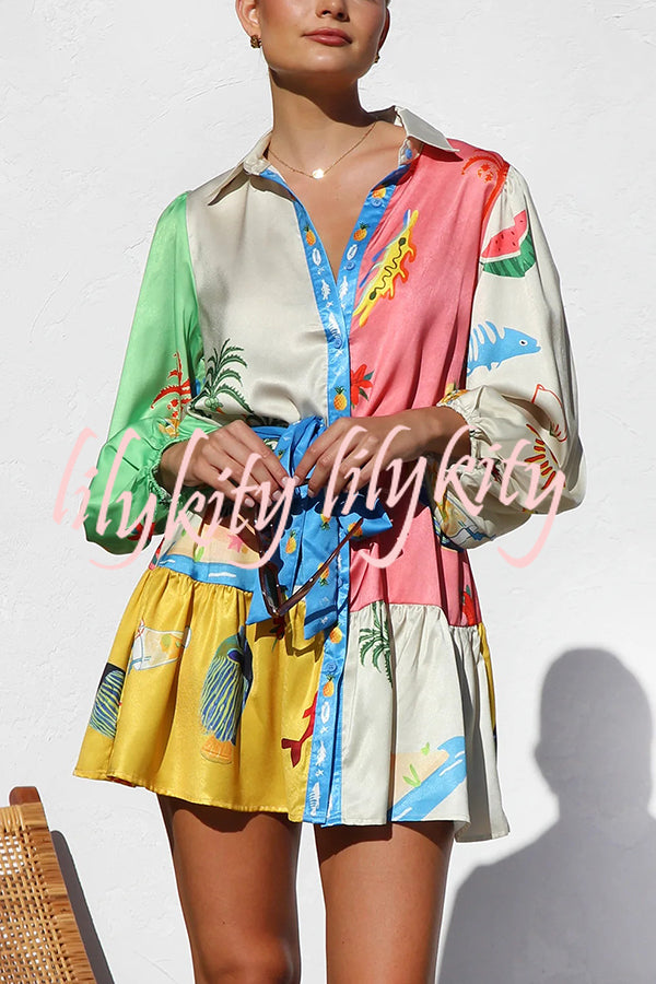 Summer Unique Printed Shirt Collar Lantern Sleeves Waist Tie Mini Dress