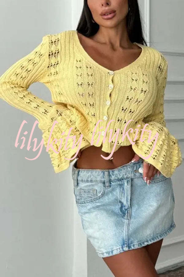 Fashion Hollow Button Long Sleeve V-neck Knitted Cardigan