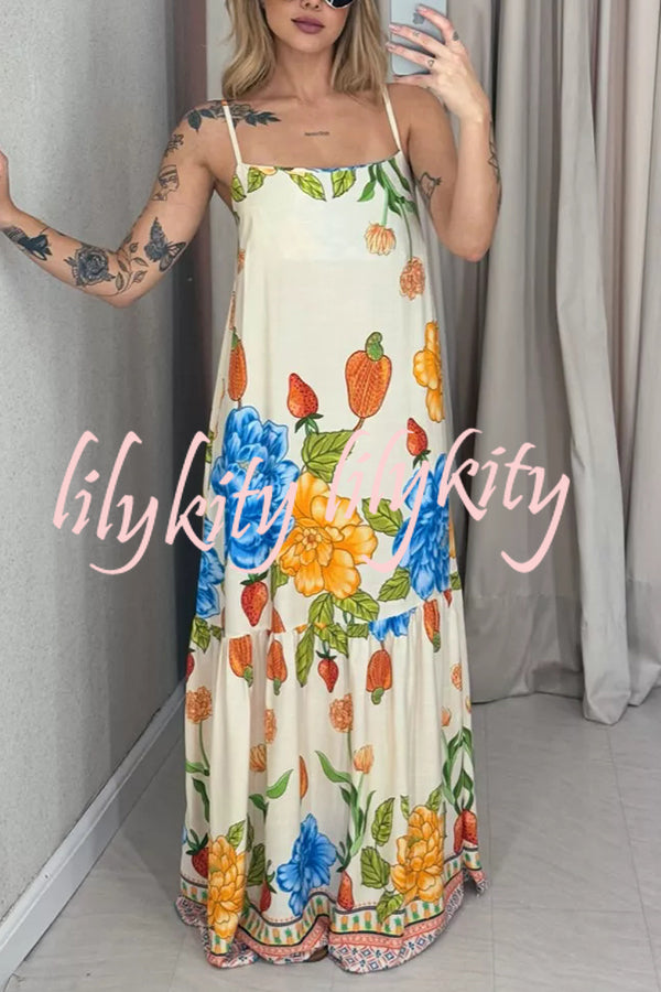Floral Print Halter Back Loose Pocket Full Hem Maxi Dress