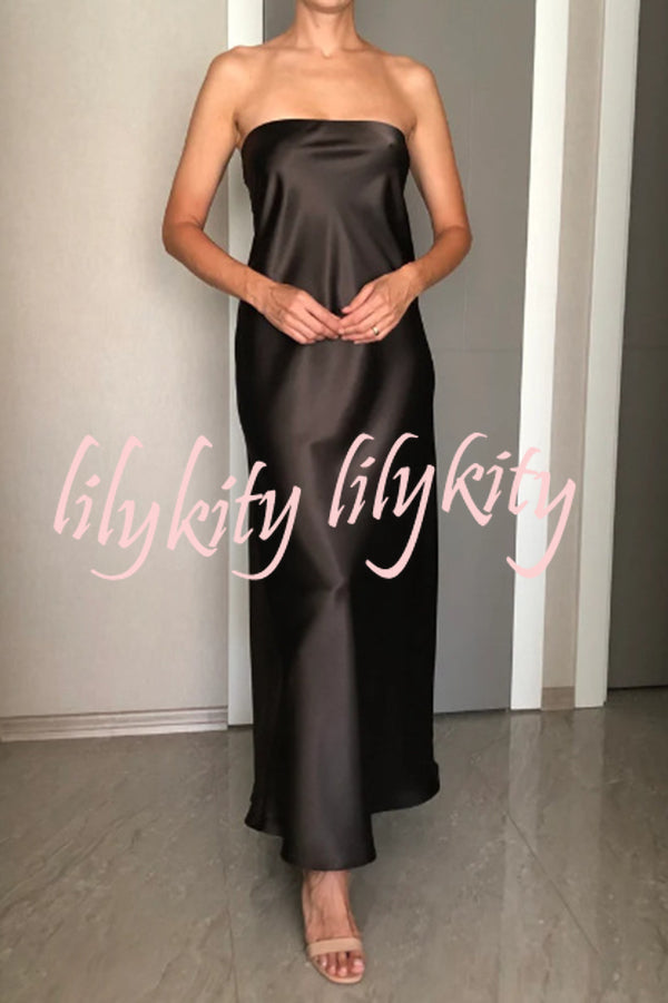 Satin Solid Color Elegant Strapless Slim Maxi Dress