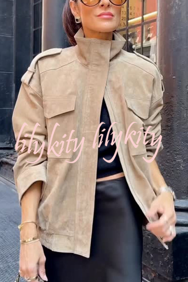 Fashionable Suede Loose Pocket Leather Jacket