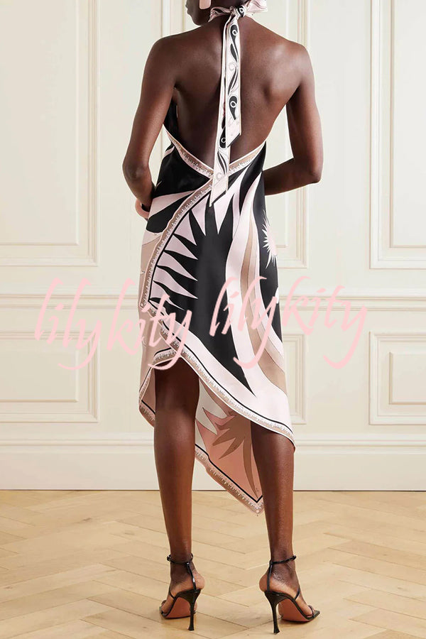 Satin Unique Print Halter Neck Backless Irregular Vacation Midi Dress