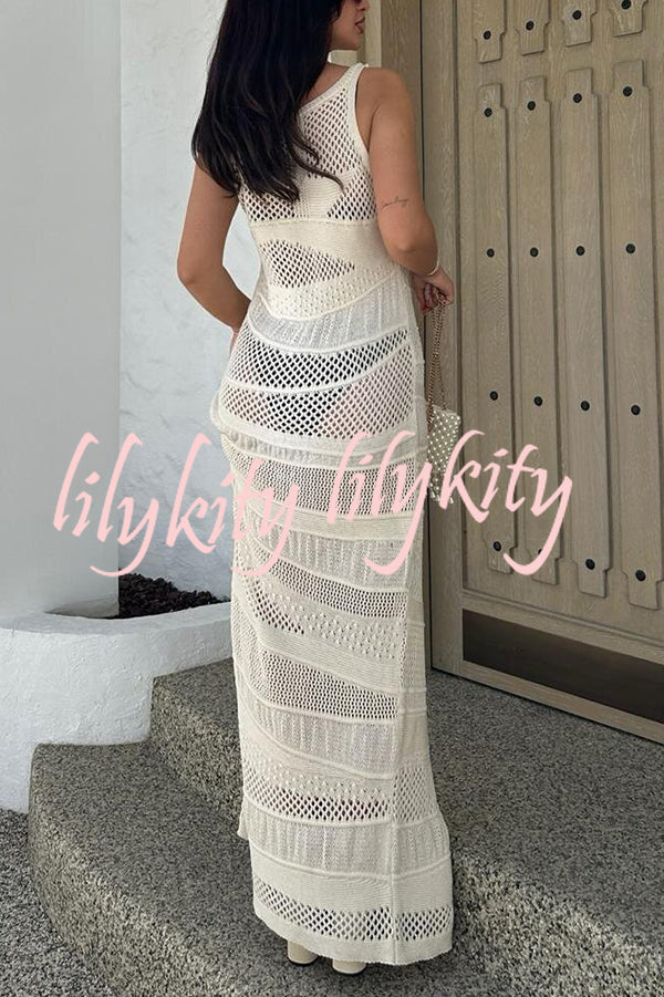 Solid Color Knit Hollow Crew Neck Sleeveless Beach Cover Up Maxi Dress
