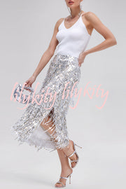 Evening Charm Layered Sequined Tassels High Rise Back Zipper Slit Midi Skirt