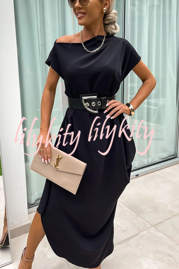 Extraordinary Cut Asymmetrical Short Sleeve  Loose Midi Dress