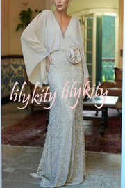 Aleina Chiffon Batwing Sleeve Flower Embroidered Waist Sequin Fabric Maxi Dress