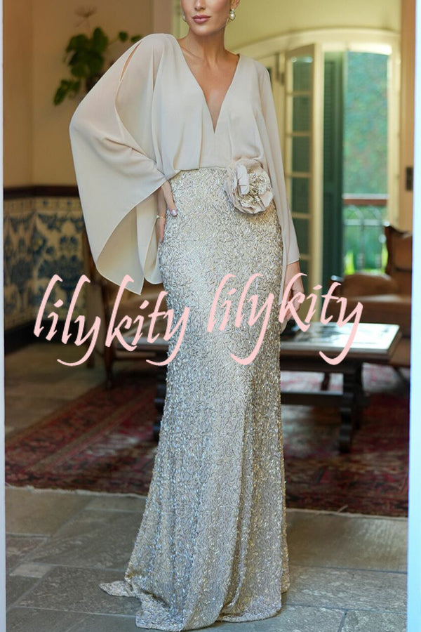 Aleina Chiffon Batwing Sleeve Flower Embroidered Waist Sequin Fabric Maxi Dress