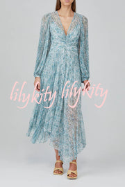 Dreamy Seaside Floral Balloon Sleeve Pleated Lightweight Maxi Dress