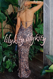 Fashion Printed Halter Neck Backless Lace-Up Sexy Slim Maxi Dress