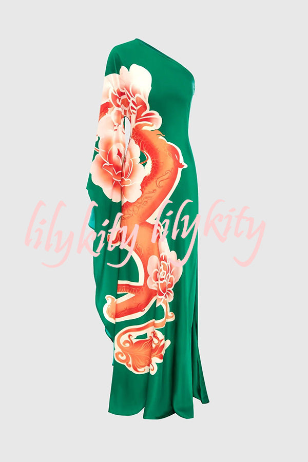 Elegance and Grace Satin Dragon Print One Shoulder Drape Sleeve Maxi Dress