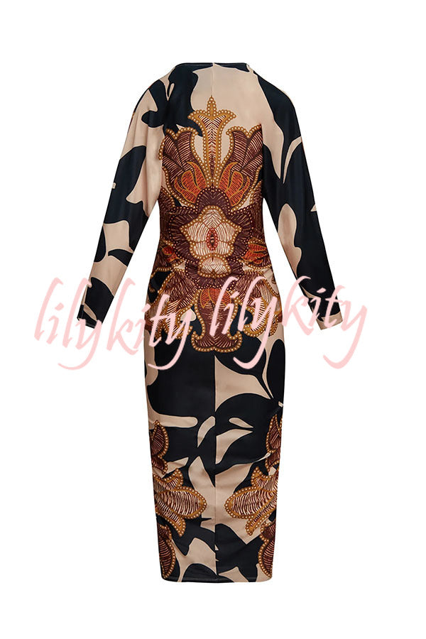 Verra Unique Print Dolman Long Sleeve Ruched Slit Midi Dress