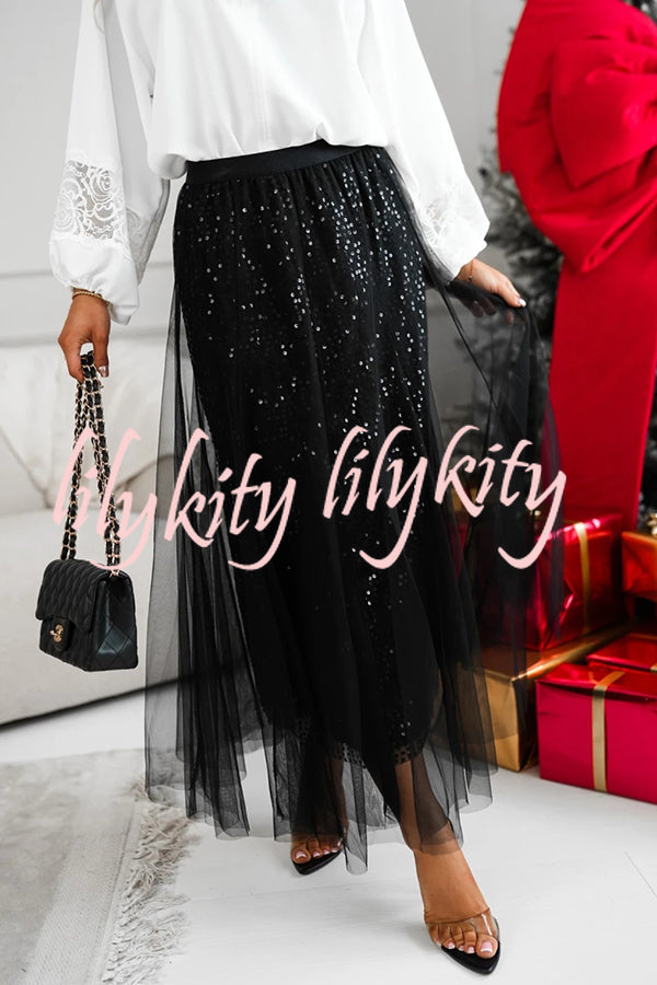 Party Daydream Sequin Tulle High Rise Elastic Waist Maxi Skirt