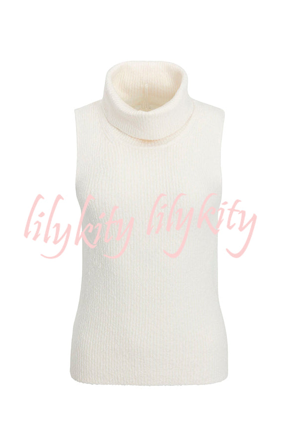 Comfortable Season Ribbed Knit Turtleneck Sleeveless Relaxed Sweater