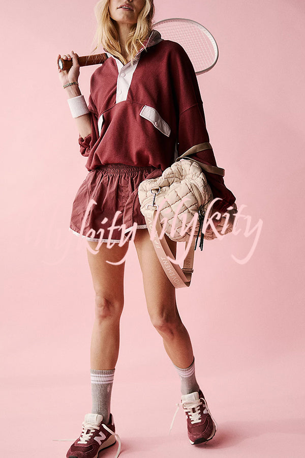 Fashion Contrast Color Stitching Stand Collar Long Sleeve Top and Elastic Waist Loose Pocket Shorts Set