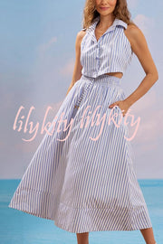 Stripe Print Lapel Sleeveless Button Top and Elastic Waist Casual Maxi Skirt Set