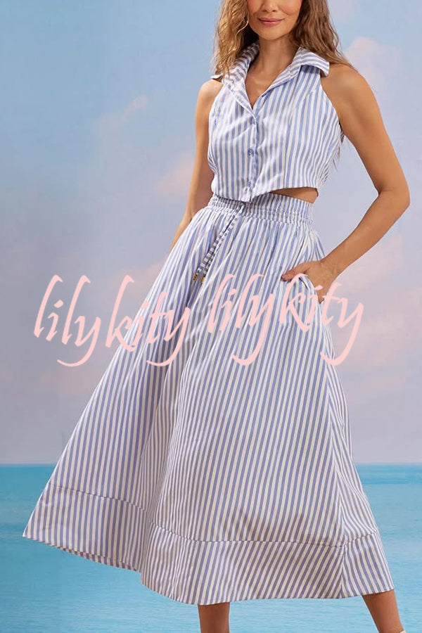 Stripe Print Lapel Sleeveless Button Top and Elastic Waist Casual Maxi Skirt Set
