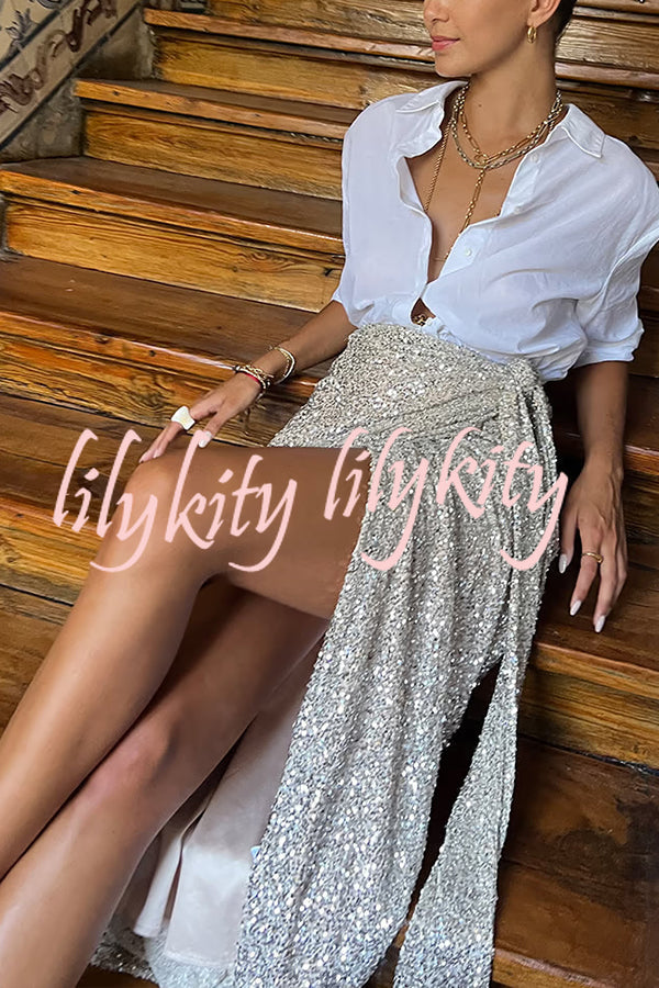 Disco Dancing Queen Sequin Wrap Tie-up Slit Midi Skirt