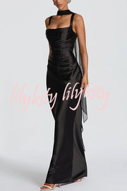 Calanthe Satin Square Neck Ruched Back Lace-up Drape Mesh Scarf Maxi Dress