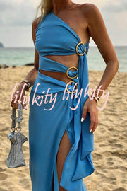 As Beautiful As The Sky Side Waist Ring Hollow Design Slit Vacation Maxi Dress