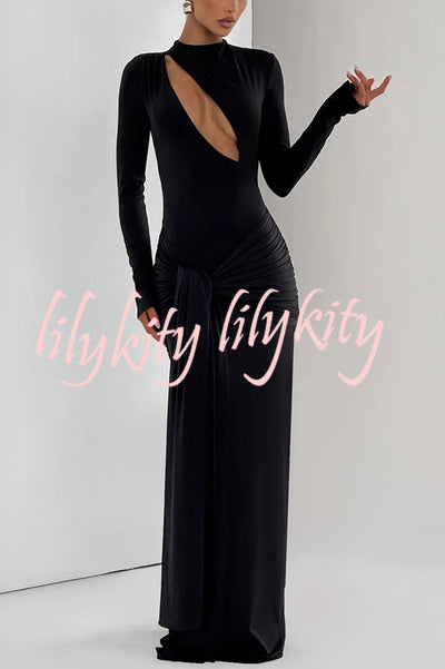 Sexy Cutout Fitted Long-sleeved Pleated Satin Ribbon Maxi Dresses