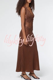 Wonderful Fusion Satin Lace Trim Poka Dot V-neck Drape Maxi Dress