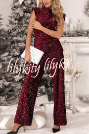 Stylish Sparkly Velvet Sequin Sleeveless Pleated Top and Casual Wide-leg Pants Set