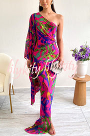 Colorful Printed One-sleeve Slim-fitting Slit Maxi Dress