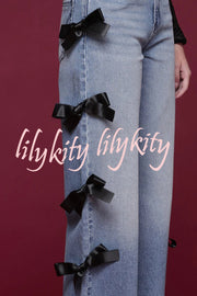 Runway Muse Denim High Rise Bow Trim Pocketed Wide Leg Jeans